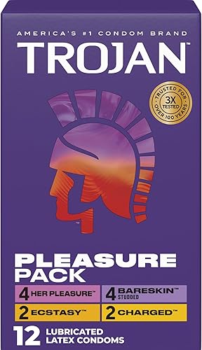 Trojan Paquete de Placer, Condones de Látex Lubricados Surtidos para Hombres, Her Pleasure, Bareskin Studded, Ecstasy y Variedades Charged, 12
