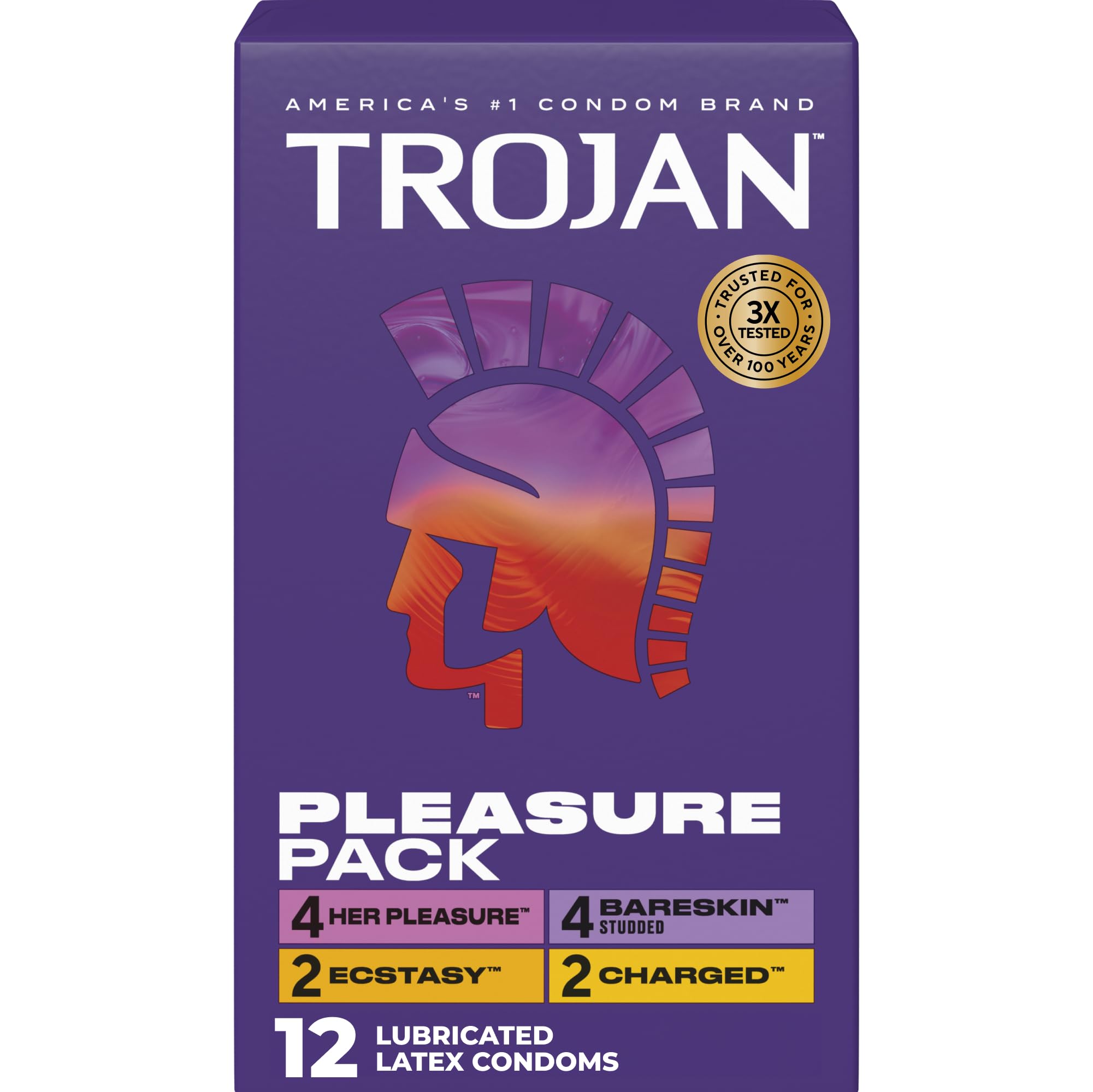 Trojan Pleasure Pack Assorted Latex Lubricated Condoms for Men Her Pleasure Bareskin Studded Ecstasy Charged Varieties 12 Count