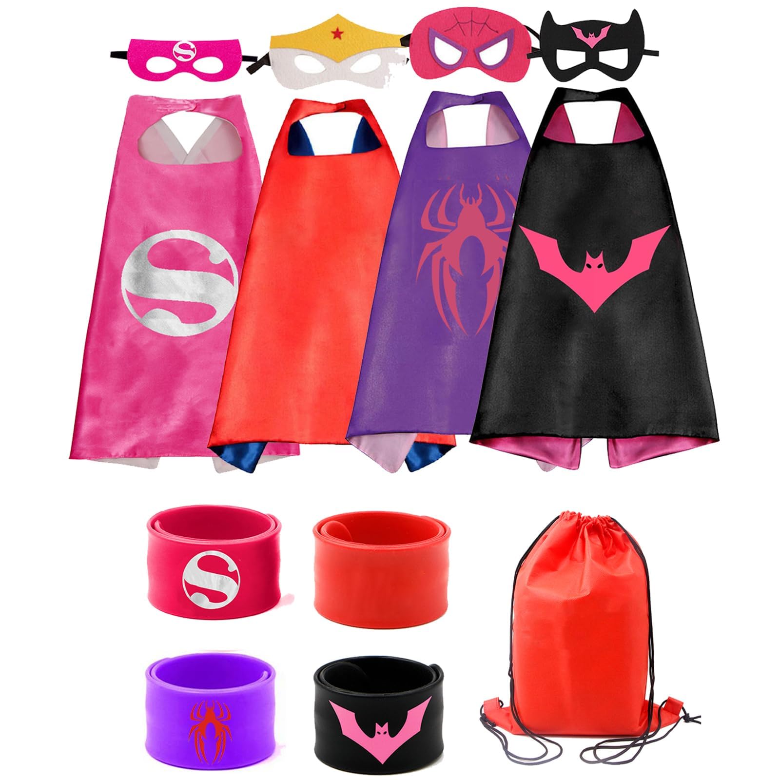 RioRand Kids Dress Up (4pcs) Superhero Capes Set &Slap Bracelets, for Boys &Girls Costumes, Birthday Party, Gifts