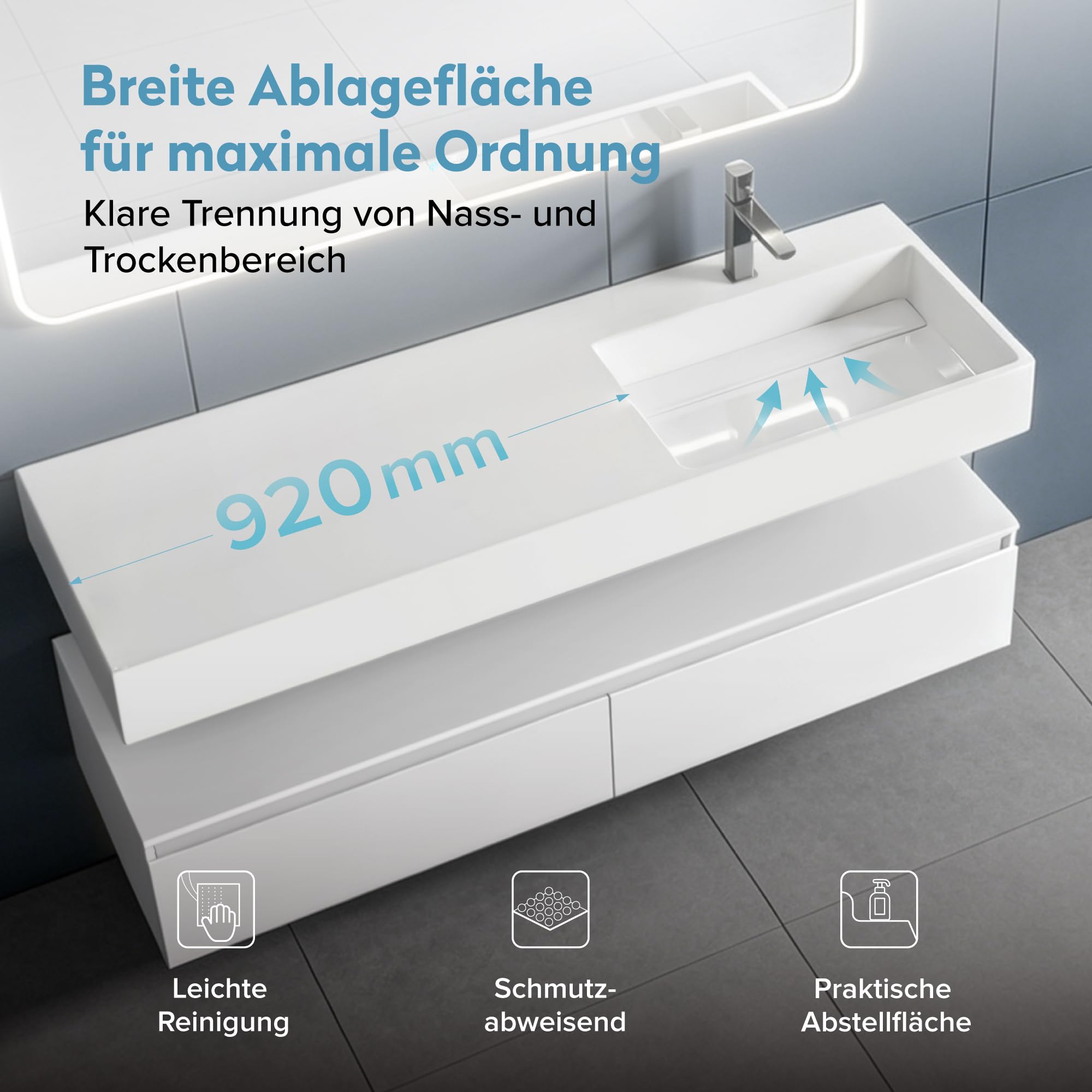 doporro Mobile Bagno Sospeso 150 cm con Lavabo Integrato – Design Moderno in Bianco Opaco con Mensola e Ampi Cassetti