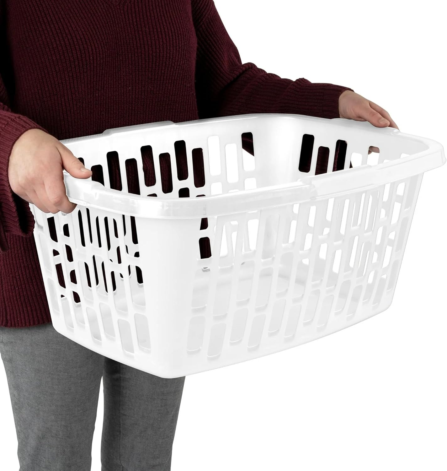 4 Pack 1.5 Bushel Rectangular Plastic Laundry Hamper - Ventilated Sides & Stackable Design with Comfort Grip Handles, Reinforced Rim for Laundry Room, Dorm, Apartment & Bathroom, White