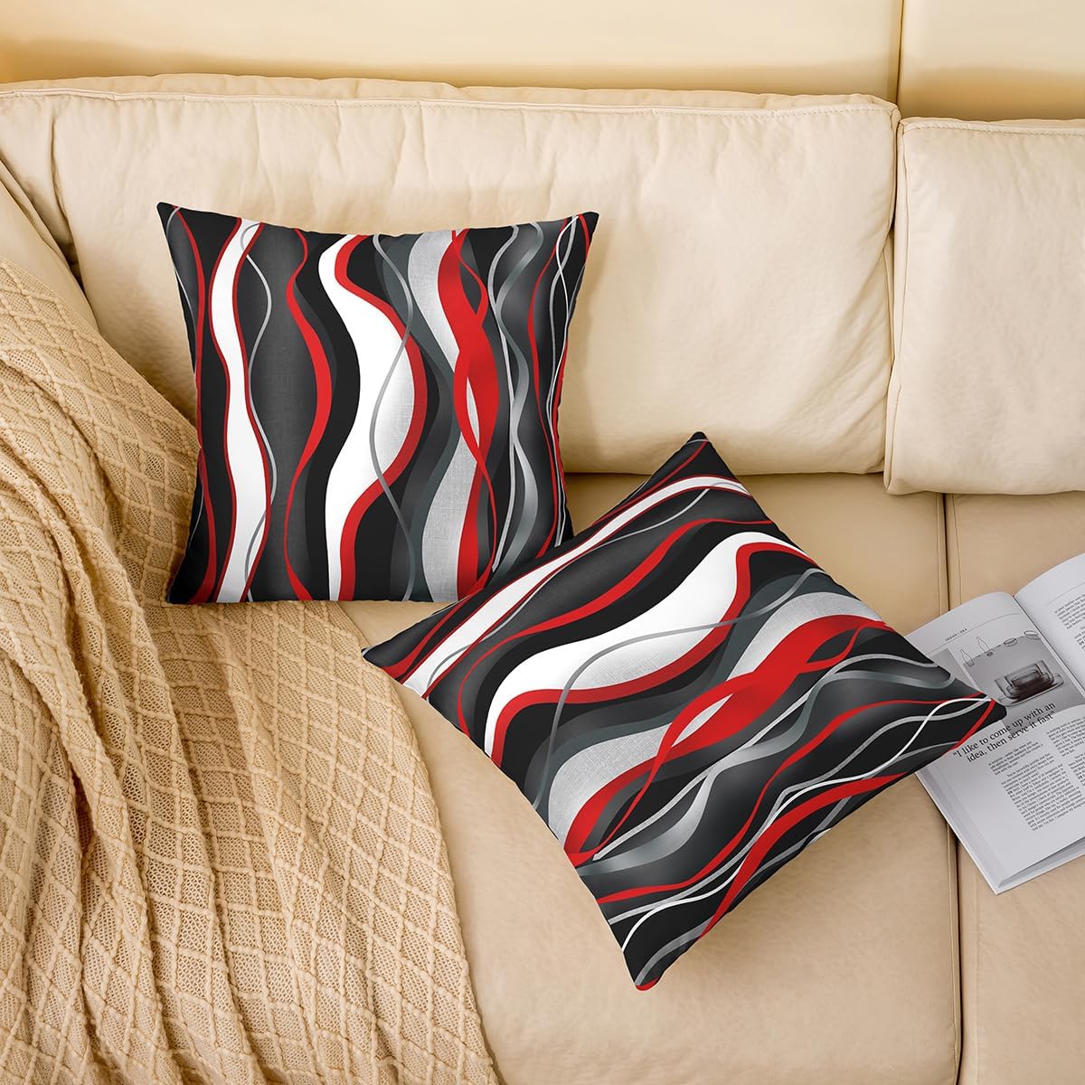 Feelyou Red and Black Throw Pillow Covers 20"x20" Set of 2 Striped Lines Cushion Covers for Couch Sofa Modern Abstract Art Pillowcases Outdoor Bedroom Living Room Home Decor Geometric Pillows Covers