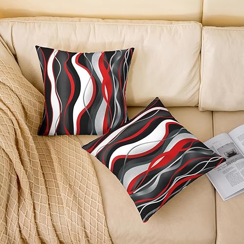 Miniatura 2 de Feelyou Juego de 2 fundas de almohada rojas y negras de 20 x 20 pulgadas, fundas de cojín de líneas a rayas para sofá, fundas de almohada modernas