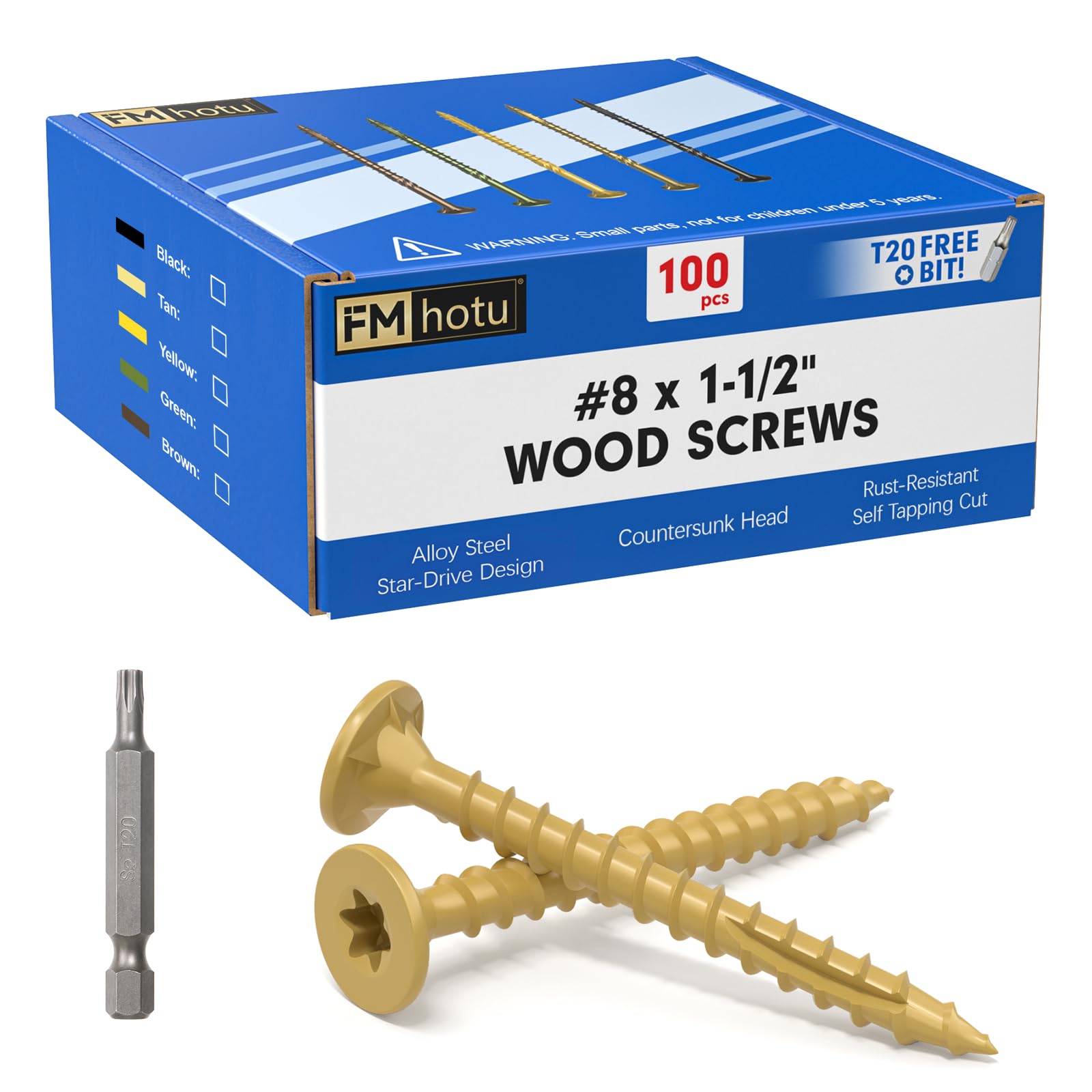 Photo 1 of #8 x 1-1/2” Deck Screws, 100Pcs Star Drive Wood Screws, Rust Resistant Timber Screws for Timber/Log/Landscaping Wood, T20 Star Bit Included, Yellow