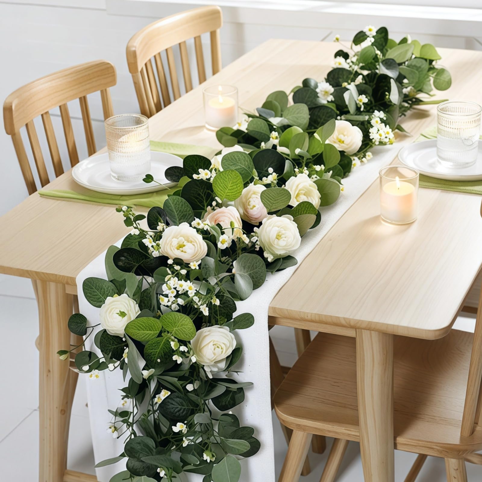 2 STK. Eukalyptus-Girlande mit weißen Rosen, 71 Zoll Kunstblumenranke, realistische Grün-Girlande, Tischdeko für Hochzeit und Zuhause