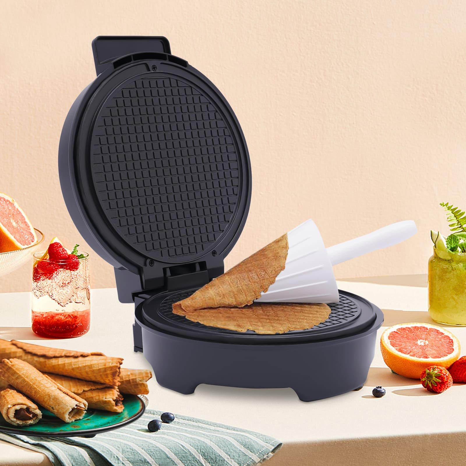 Gofrownica z rożkami lodowymi 1200 W, maszyna do stożków lodowych z powłoką nieprzywierającą, regulowana temperatura 150-200℃, płyta kuchenna 20 cm Ø