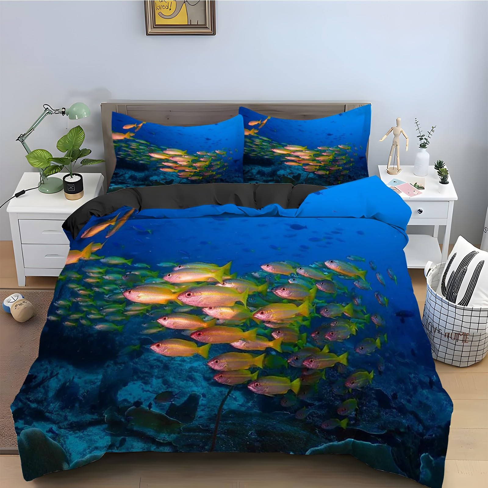 Housse de couette poisson rouge 240x260 anti-plis à fermeture éclair pour lit 2 personnes