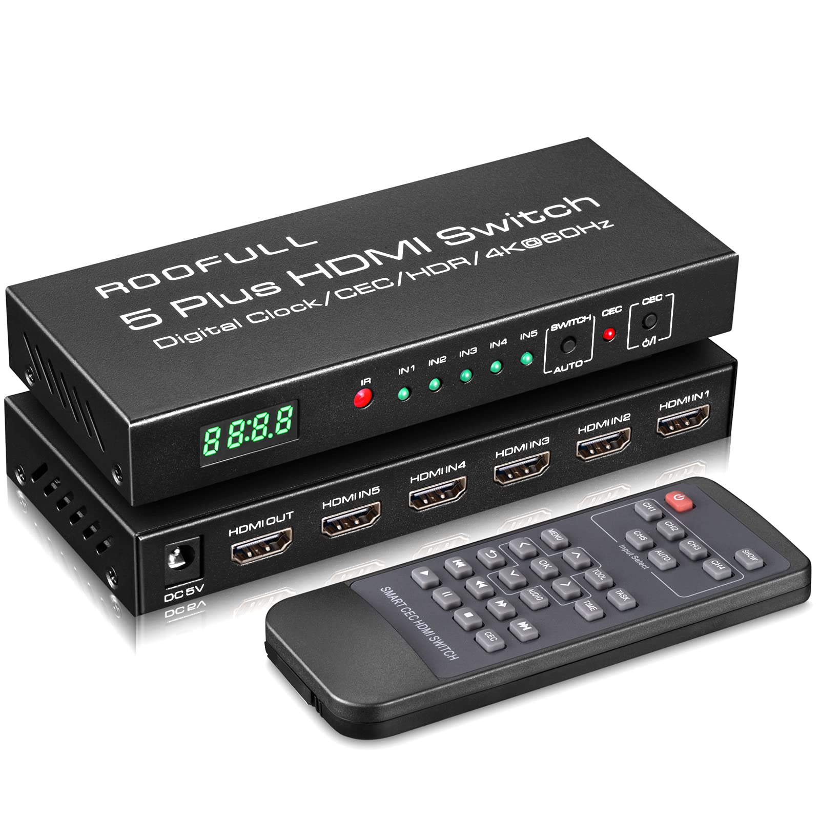 ROOFULL 5 Ports 4K HDR HDMI Switch with Multifunctional Remote 5 in 1 Out Smart 4K@60Hz HDMI 2.0 Switcher Selector, Support CEC Function, HDR10, HDCP 2.2, Dolby Vision/Atmos, Auto-Switch, 18Gbps