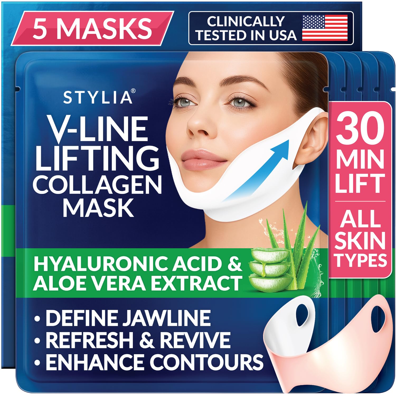 5 Piece V Line Shaping Face Masks - Lifting Hydrogel Collagen Mask with Aloe Vera - Anti-Aging and Anti-Wrinkle Band - Double Chin Reducer Strap