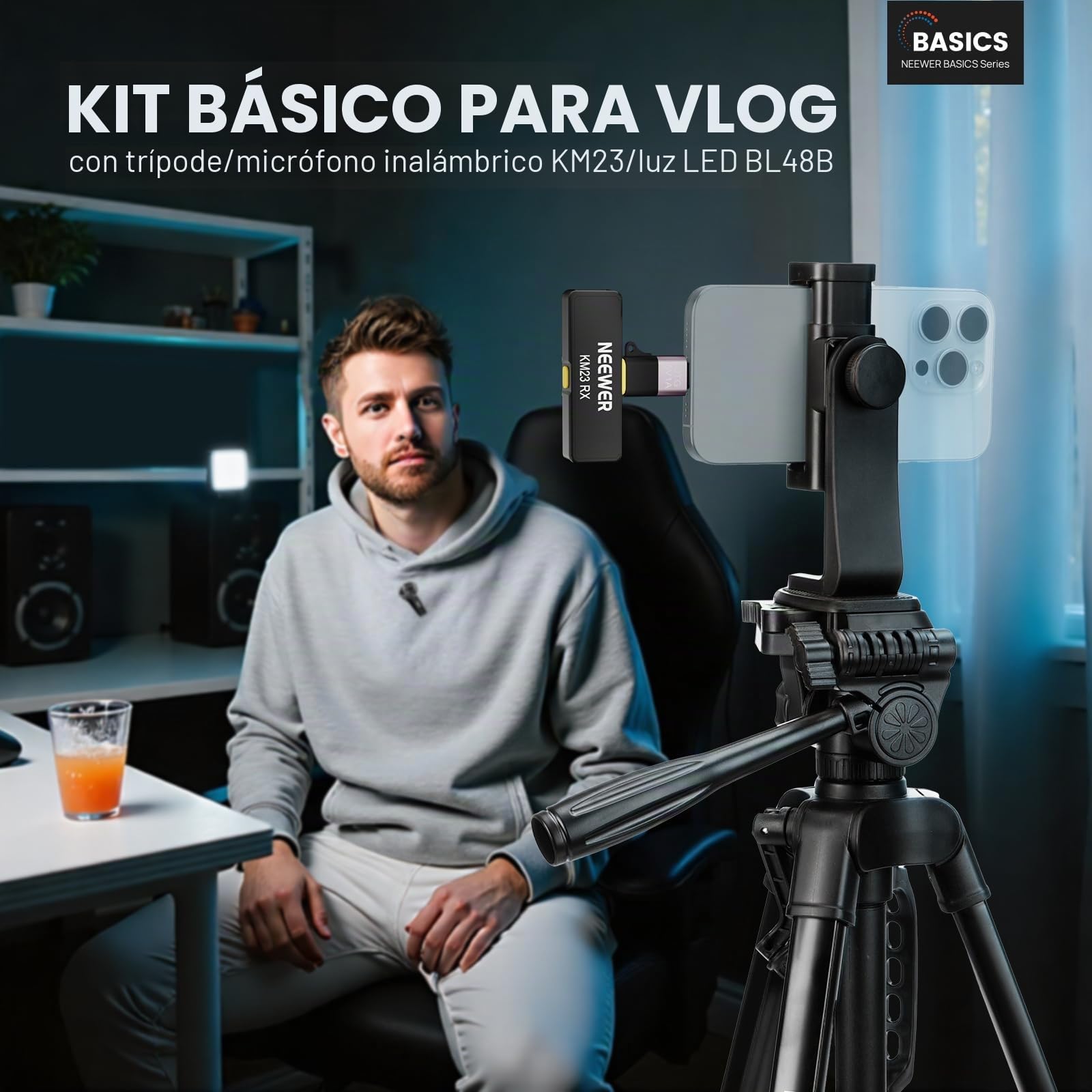 NEEWER BÁSICO PA056 Vlogging Kit para iPhone Android Phone para Youtube TikTok Streaming Cine Grabación, Trípode + Micrófono + Luz LED Relleno, Esenciales para Iniciar la Creación Contenido Youtuber