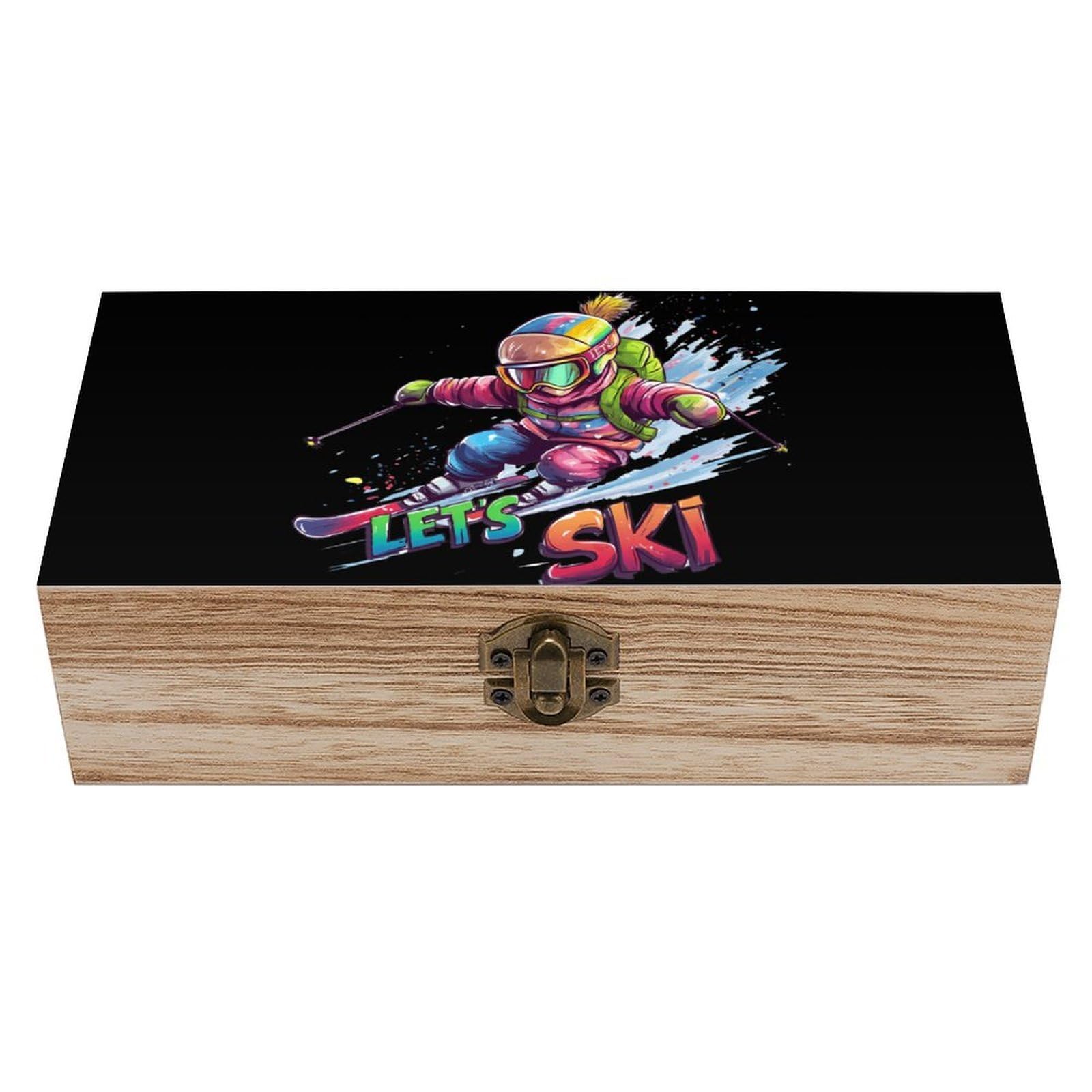 CGSBNGHA Ski Skiing Sports Wooden Storage Boxes with Lid Memory Box Decorative Organiser for Office And Home