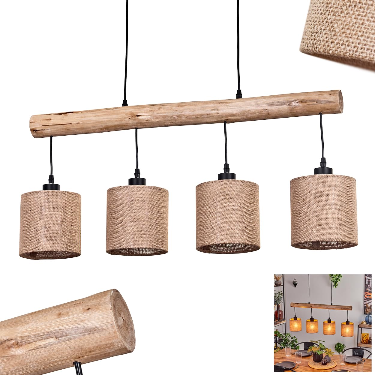 HOFSTEIN Pendelleuchte Soungou, moderne Hängelampe aus Holz/Metall/Leinen in Natur/Schwarz/Beige, 4-flammige Hängeleuchte im skandinavischen Design, Höhe max. 135 cm, 4 x E27, Esszimmer, Wohnzimmer