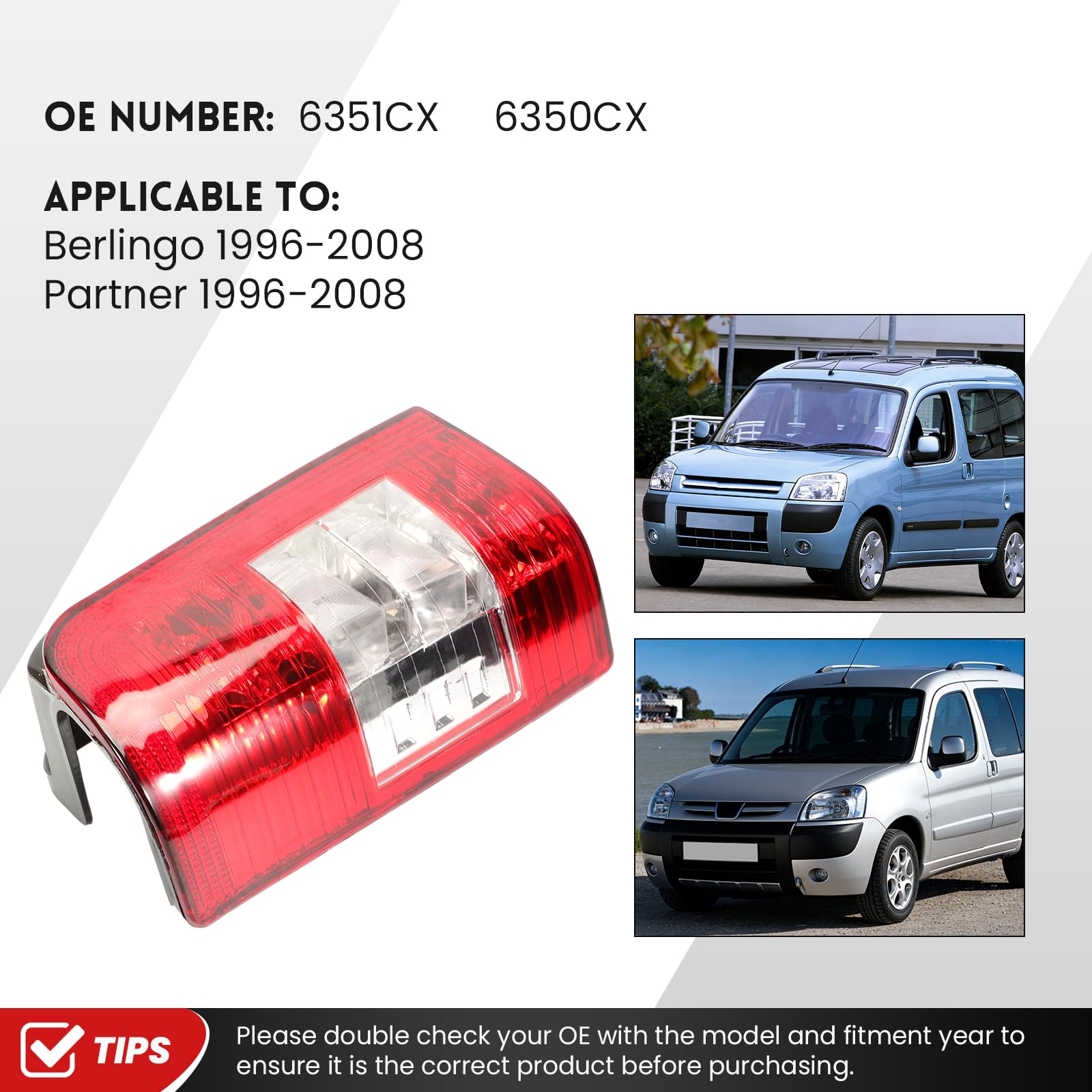 Juego de Faros Traseros Completo para Peugeot Partner Citroën Berlingo 1996-2008 OE 6350CY 6351CX, Faros Izquierdo + Derecho