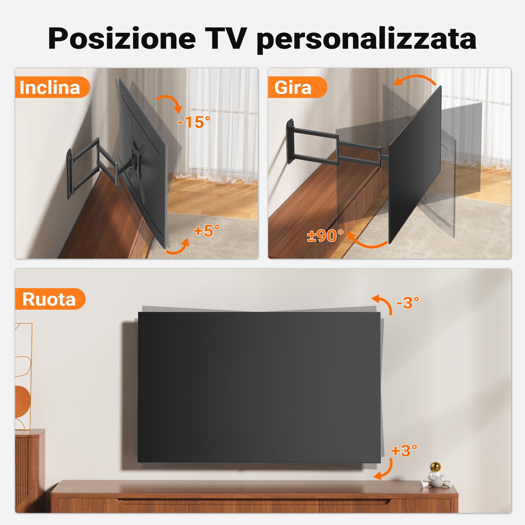 Wiltec Supporto TV 23“-65”, staffa porta TV a muro orientabile con portata fino a 35 kg, braccio porta schermo salvaspazio