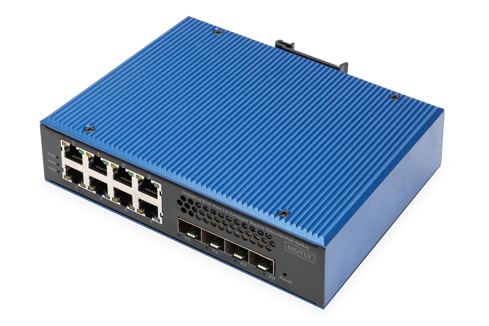 DIGITUS Switch di Rete Poe - 12 Porte Gigabit Ethernet - 8X RJ45 + 4X SFP+-​10 Gigabit - IP40 - L3 gestito, VLAN - 10/​100/​1000 Mbit/​s - Montaggio su Guida DIN - Serie Industriale - Nero/​Blu