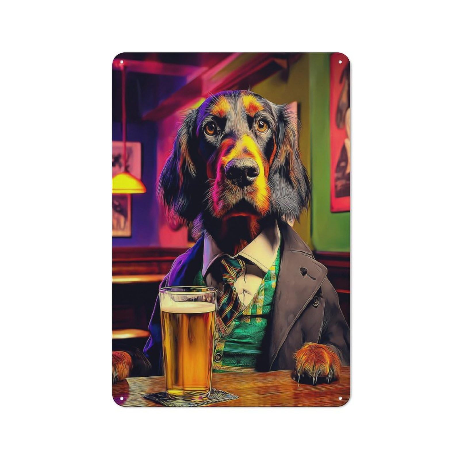 Junmoney Dog In Suit Enjoying Beer At Bar Understated Decorative Metal Sign 30X20cm Featuring Study Room Decor For Workspace, Cafe, Shop Or Desk Area