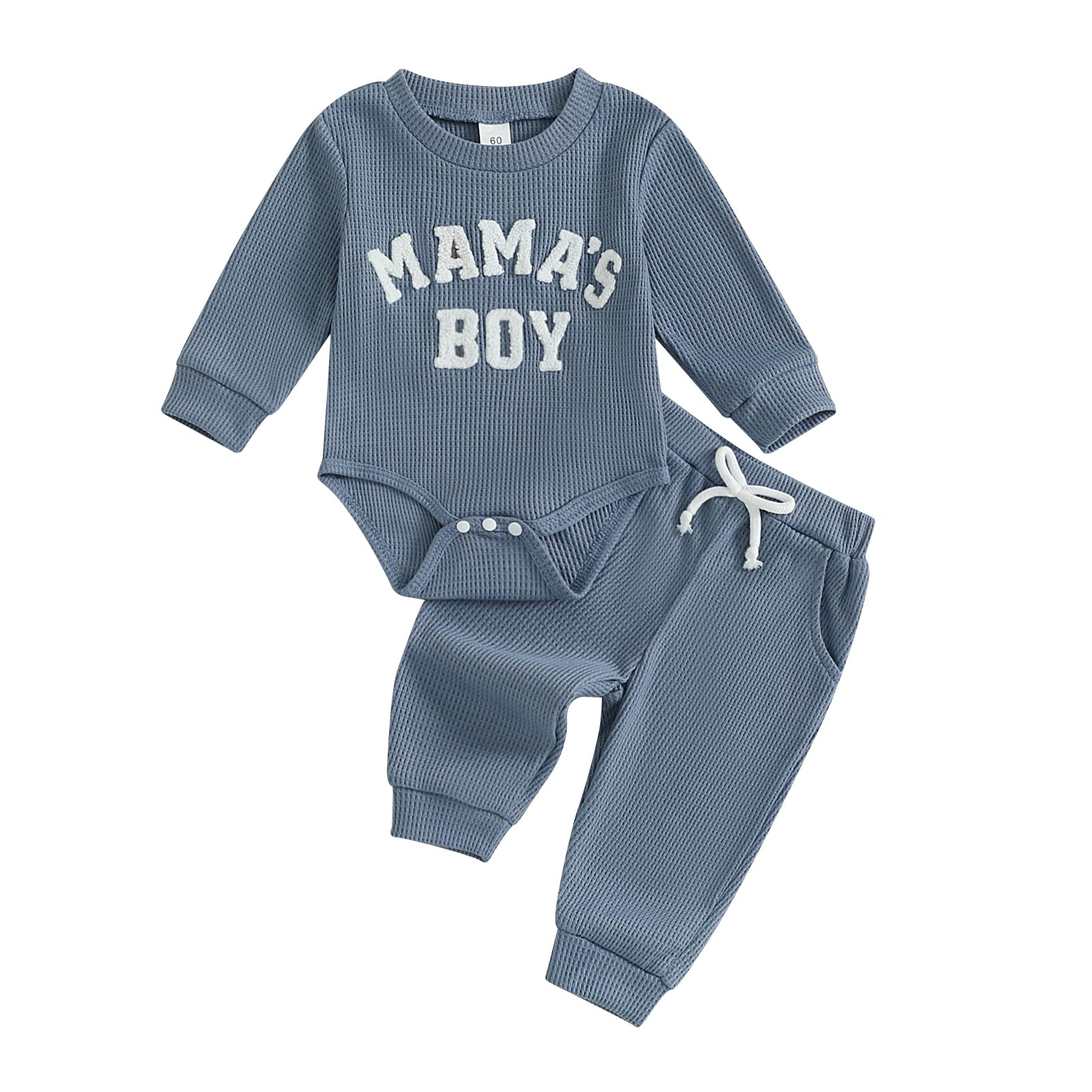 MERSARIPHY Newborn Baby Boy Fall Winter Clothes Mamas Boy Little Dude Outfit Embroidery Waffle Knit Romper Pants Sets