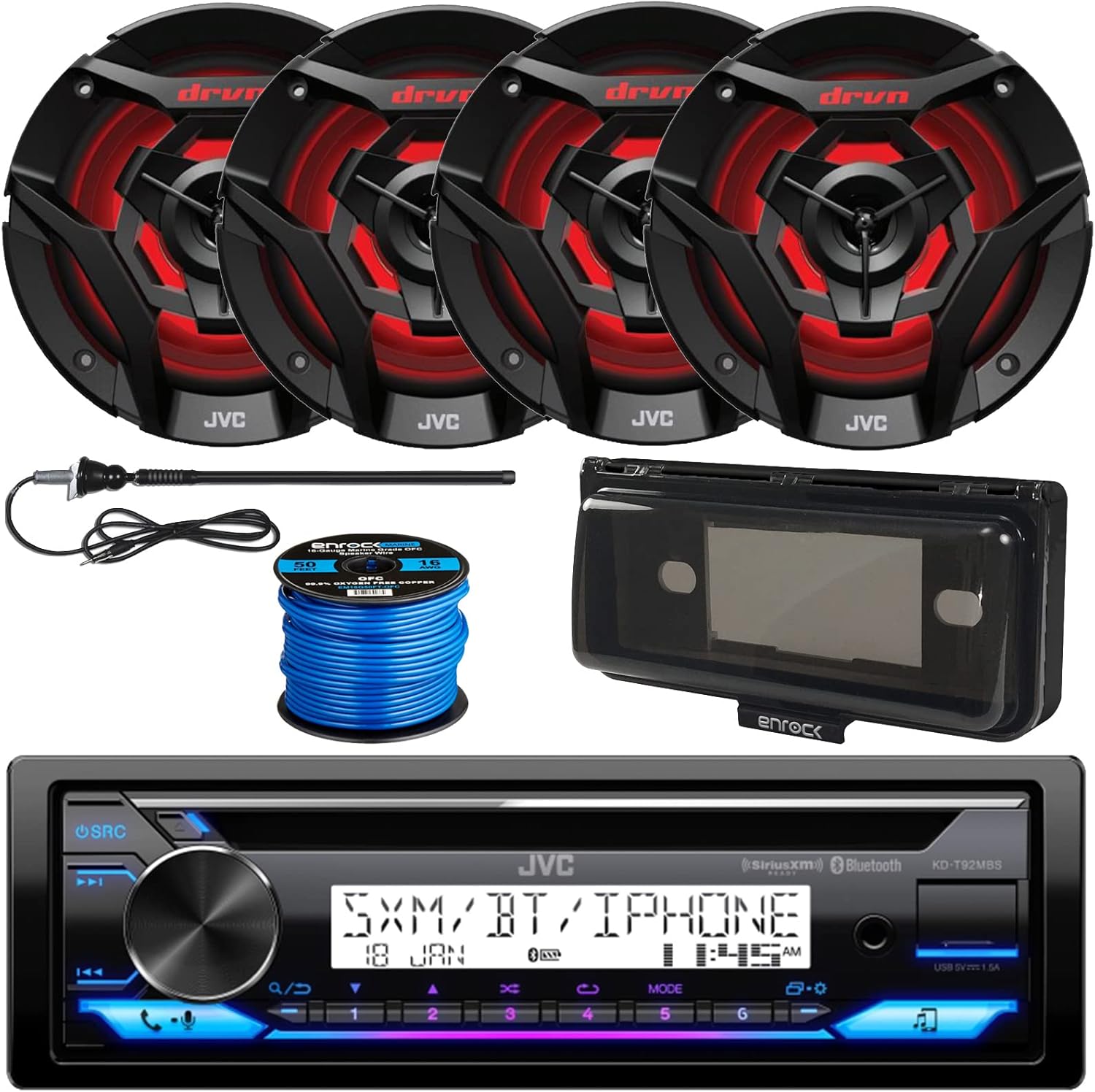 JVC in-Dash Marine Bluetooth USB AUX AM/FM Radio Stereo CD Player Receiver Bundle Combo with 2 Pairs of 6.5" 260W Max 2-Way Black Speakers with Multicolor LEDs, Radio Cover, Antenna, Wire