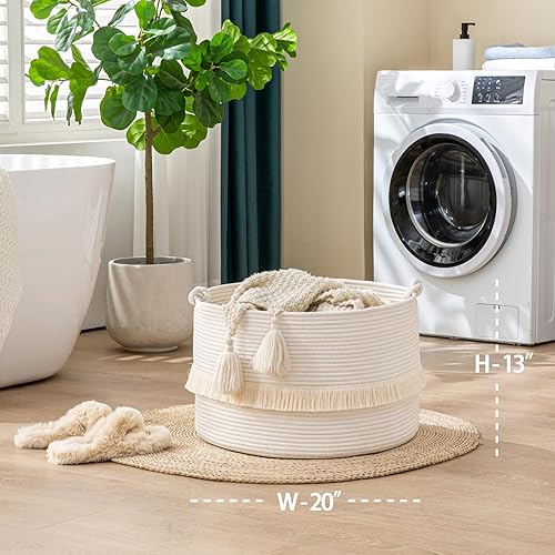 Miniatura 79 de KAKAMAY Cesta grande para manta (20 x 13 pulgadas), cestas tejidas para almacenamiento de ropa sucia de bebé, canasta de manta de cuerda de algodón