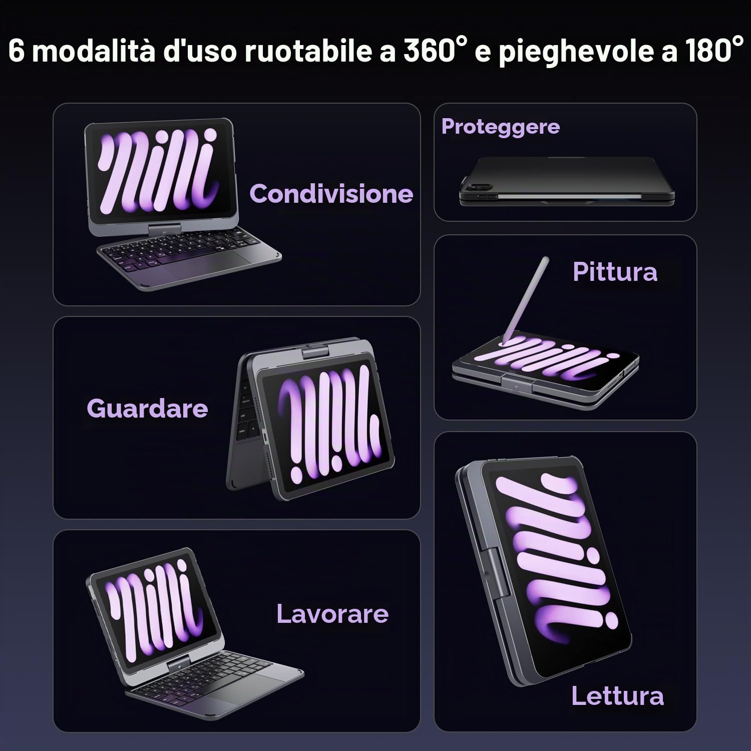doqo Custodia Tastiera iPad mini 7 A17 Pro & mini 6,Trackpad,Rotazione 360 | Digitazione tipo laptop, Rotazione 360°, Retroilluminata, 8,3" 2024/2021, Supporto Penna Touch