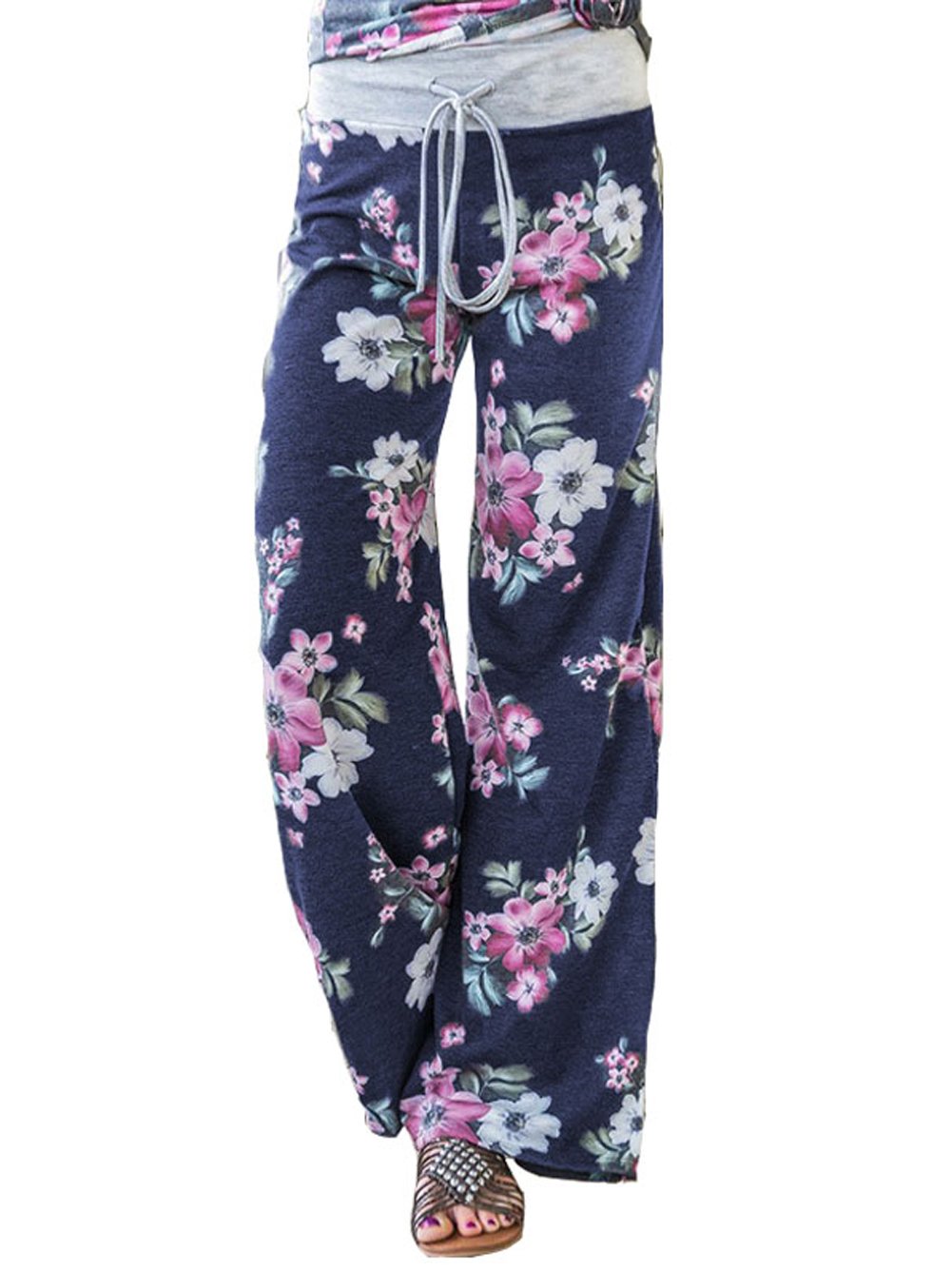 iChunhua Women's Comfy Stretch Floral Print Drawstring Palazzo Wide Leg Lounge Pant