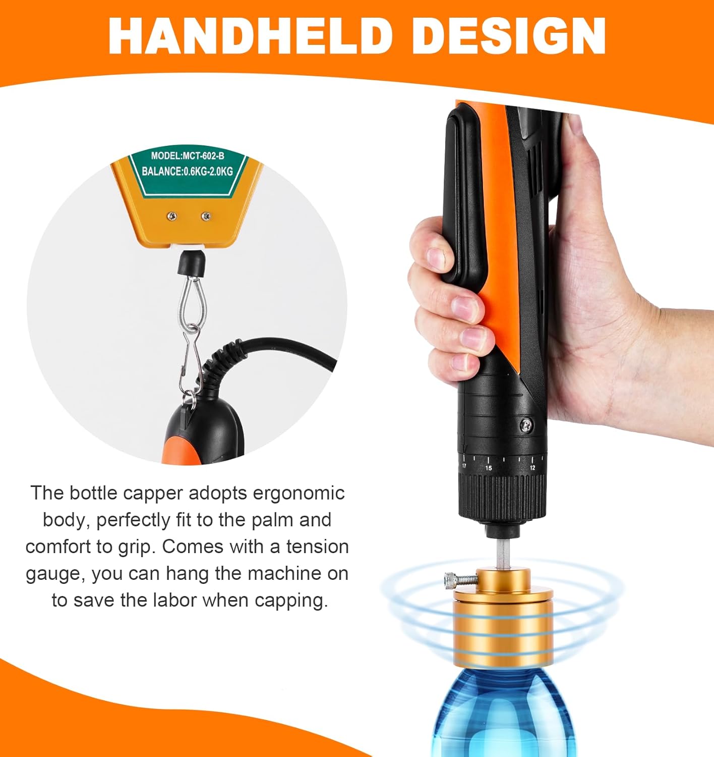 Electric Bottle Capping Machine Adjustable Plastic Bottle Capper 70kg/f Handheld Screw Bottle Cap Sealer for 0.39-1.97" Plastic Caps 110V
