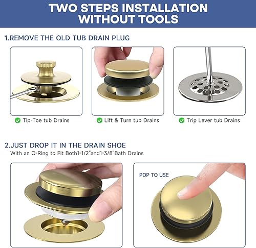 Miniatura 4 de Tapón de bañera de punta mejorada de oro cepillado, tapón universal de drenaje de bañera desplegable, tapones de drenaje de bañera de baño,