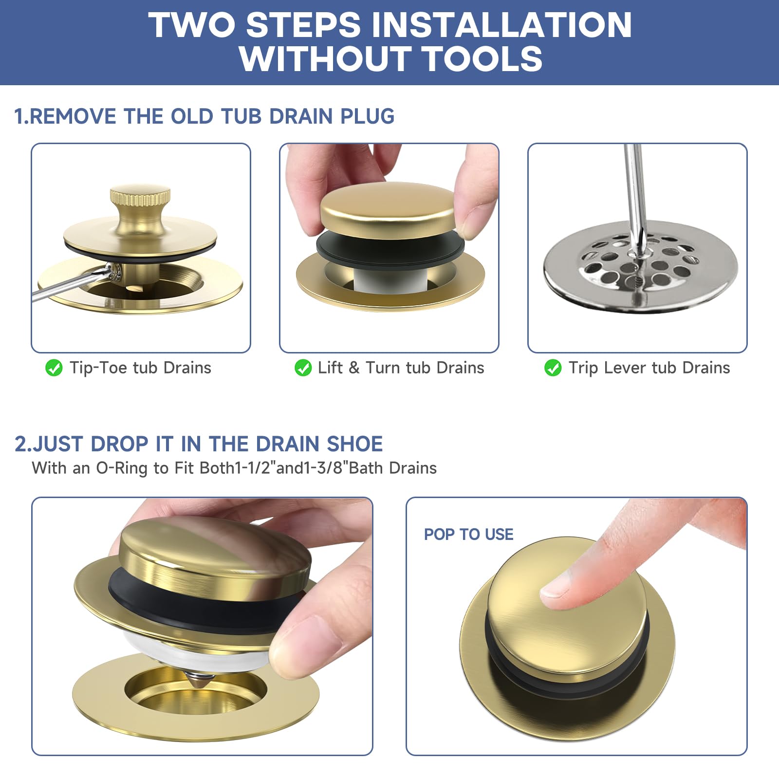 Bouchon De Vidange De Baignoire Tip Toe, Bouchon Universel Pour Baignoire, Bouchon De Baignoire Pour Remplacer Tip Toe/Trip Lever/Lift&Turn, Installation Et Nettoyage Faciles (Chrome