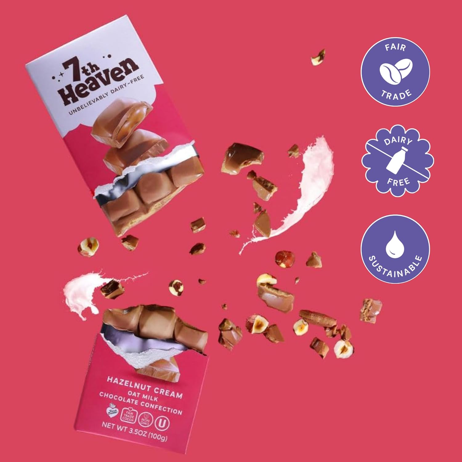 7th Heaven, Vegan Oat Milk Chocolate Bars: Hazelnut Cream - (3.5 oz - 4 Pack), Healthy Chocolate, Perfect Valentines Gift For Your Loved Ones, 100% Dairy Free, Non GMO, Kosher Parve, Cruelty Free, Fair Trade Cocoa