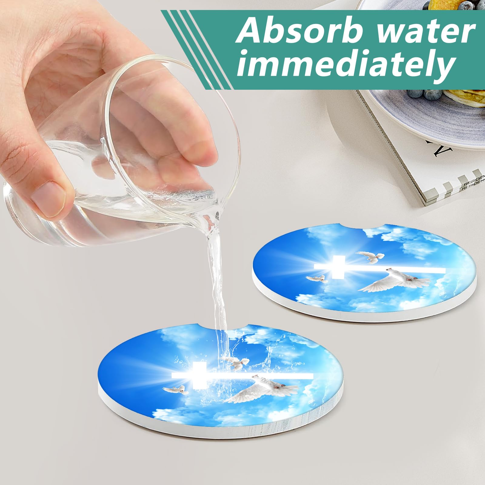 2 Pack Blessed Car Cup Holder Coasters - Cross Heaven Absorbent Ceramic Coaster Car Coasters for Cup Holders — view 5