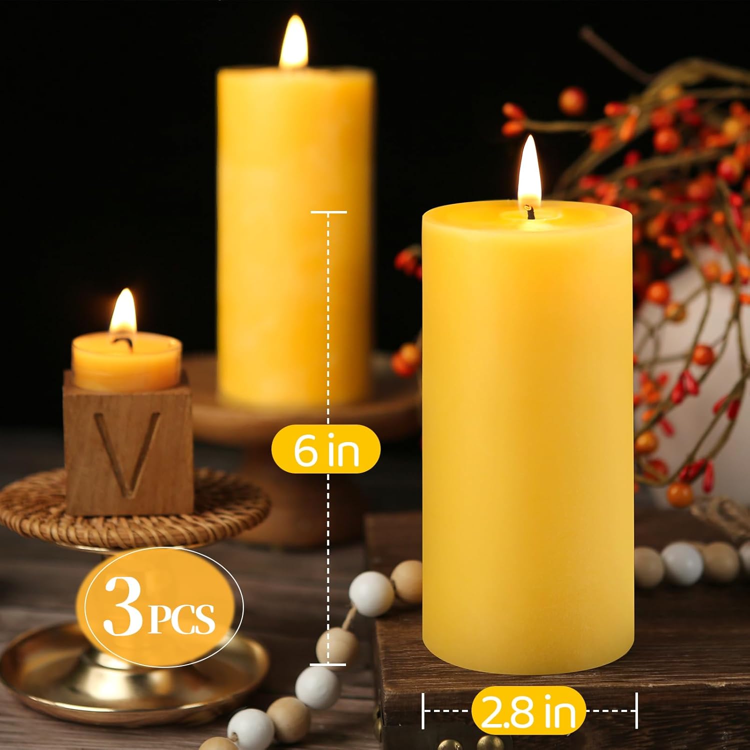 3 Pack Natural Beeswax Pillar Candles,100% Pure Beeswax Candles-285 Hours Long Burning,2.8x6in Unscented Bees Wax Candle for Home,Prayer,Emergency,Dripless Smokeless Organic Pillar Candle Bluk