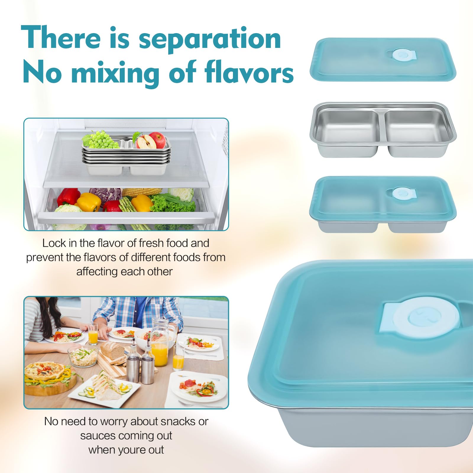 Grab and Go - Contenitori per snack riutilizzabili, in acciaio inox, a doppio scomparto, lavabili in lavastoviglie, contenitori riutilizzabili per condimenti con coperchi, snack, salse, da asporto