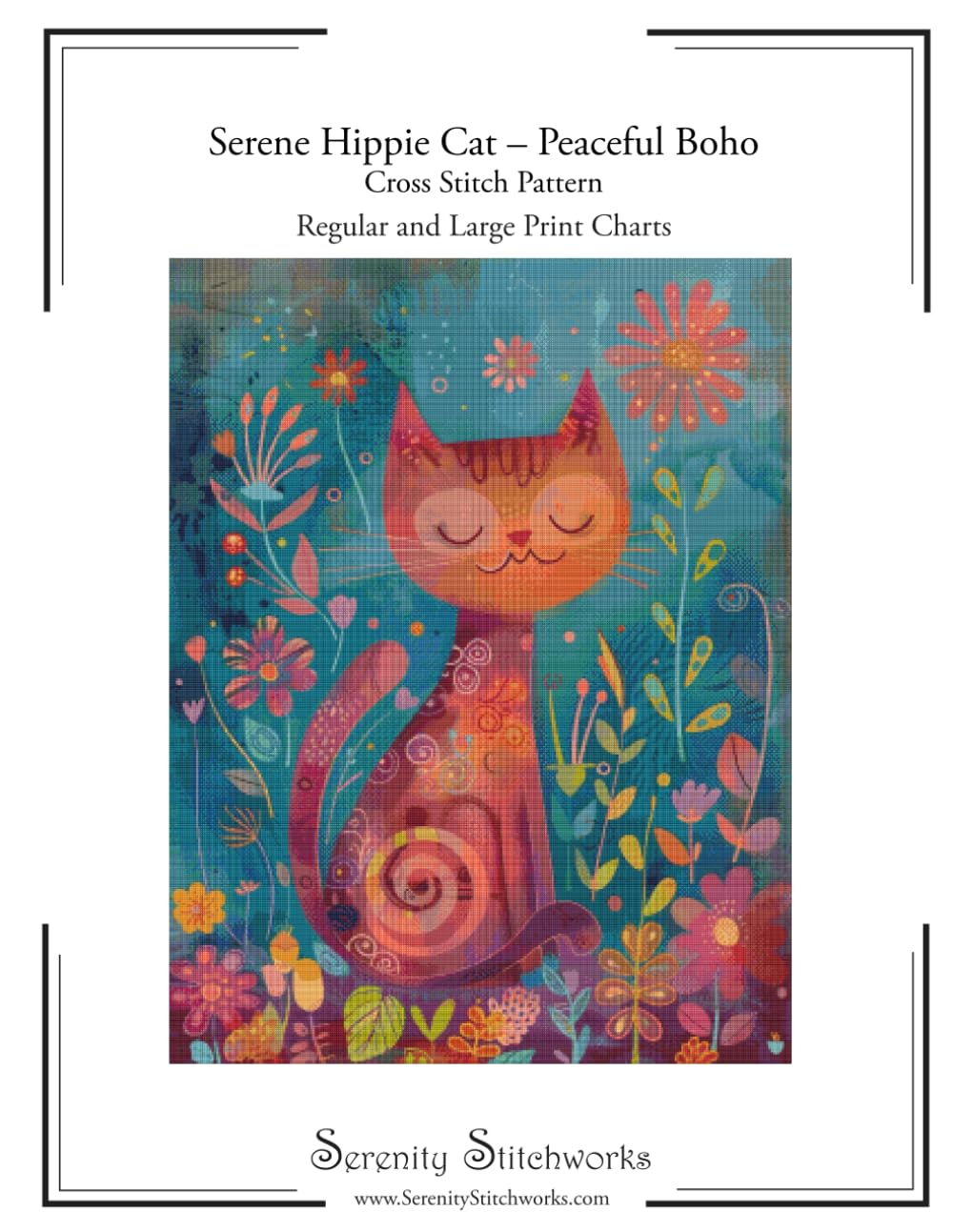 Serene Hippie Cat - Peaceful Boho Cross Stitch Pattern: Regular and Large Print Cross Stitch Pattern
