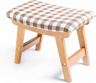 HOUCHICS Wooden Step Stool for Adults,Square Cushion Foot Stool,Small Stool with Non-Slip Pad,Wood Stool Suitable for Bedroom, Living Room and Kitchen (Wood Legs-Gingham Cover)