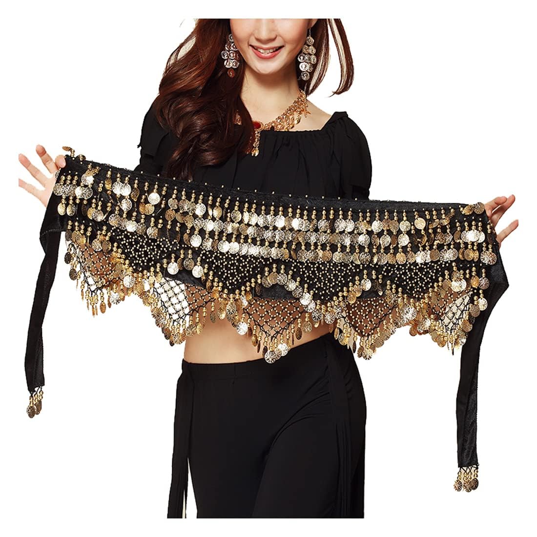 Sweet Bellydance Hip Scarf, Wrap Performance Bling Sequins Coins, for Bellydance, Zumba or Yoga Class, Excellent for Bellydance Practice (with 3 pair Finger Cymbals)