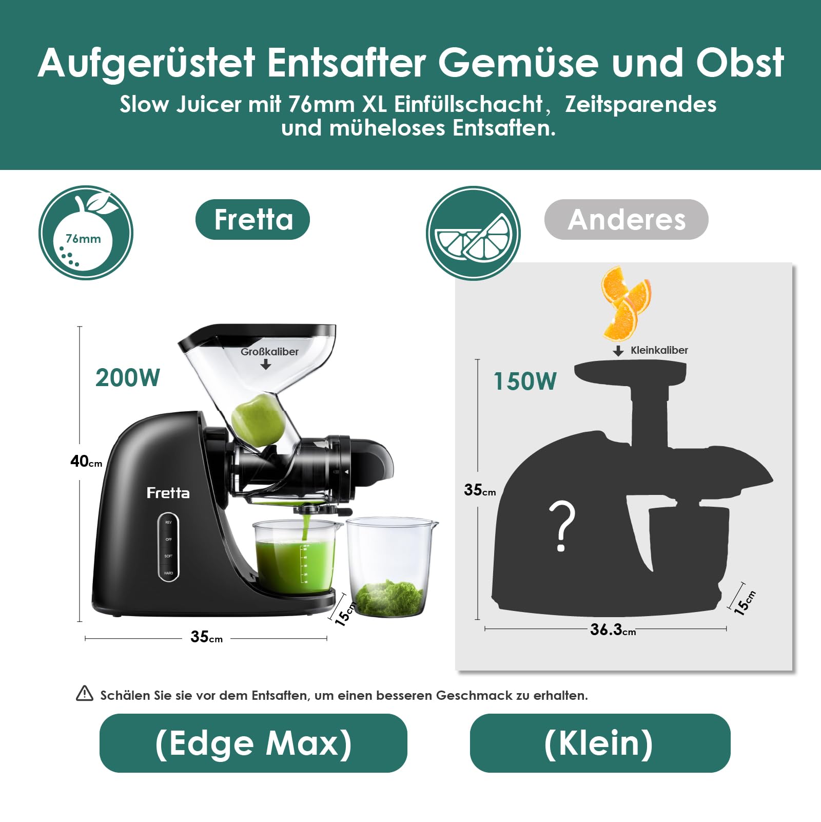 Fretta Slow Juicer Entsafter Gemüse und Obst Testsieger, 76mm Öffnung Cold Press Juicer Machine Obstpresse Elektrisch Saftpresse Kaltpresse Entsafter BPA-Frei, Einfache Reinigung, Schwarz
