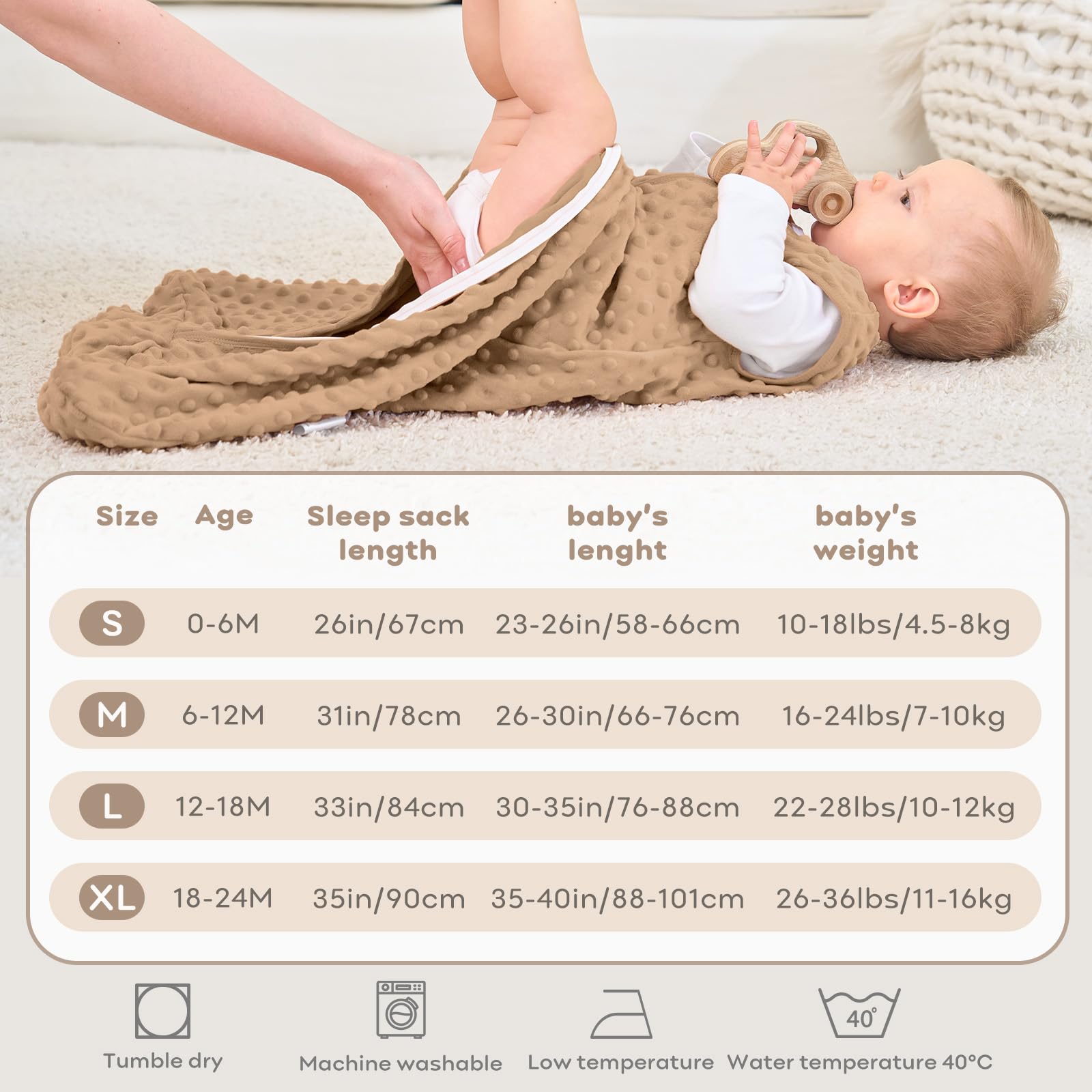 Sacco Nanna Invernale 6-12 Mesi, Neonato Sacchi Nanna 1.5 Tog Autunno con Pois di Peluche, Morbido Sacco Nanna per Bambini in Cotone, Confezione da 2 Pezzi Marrone&Caffè