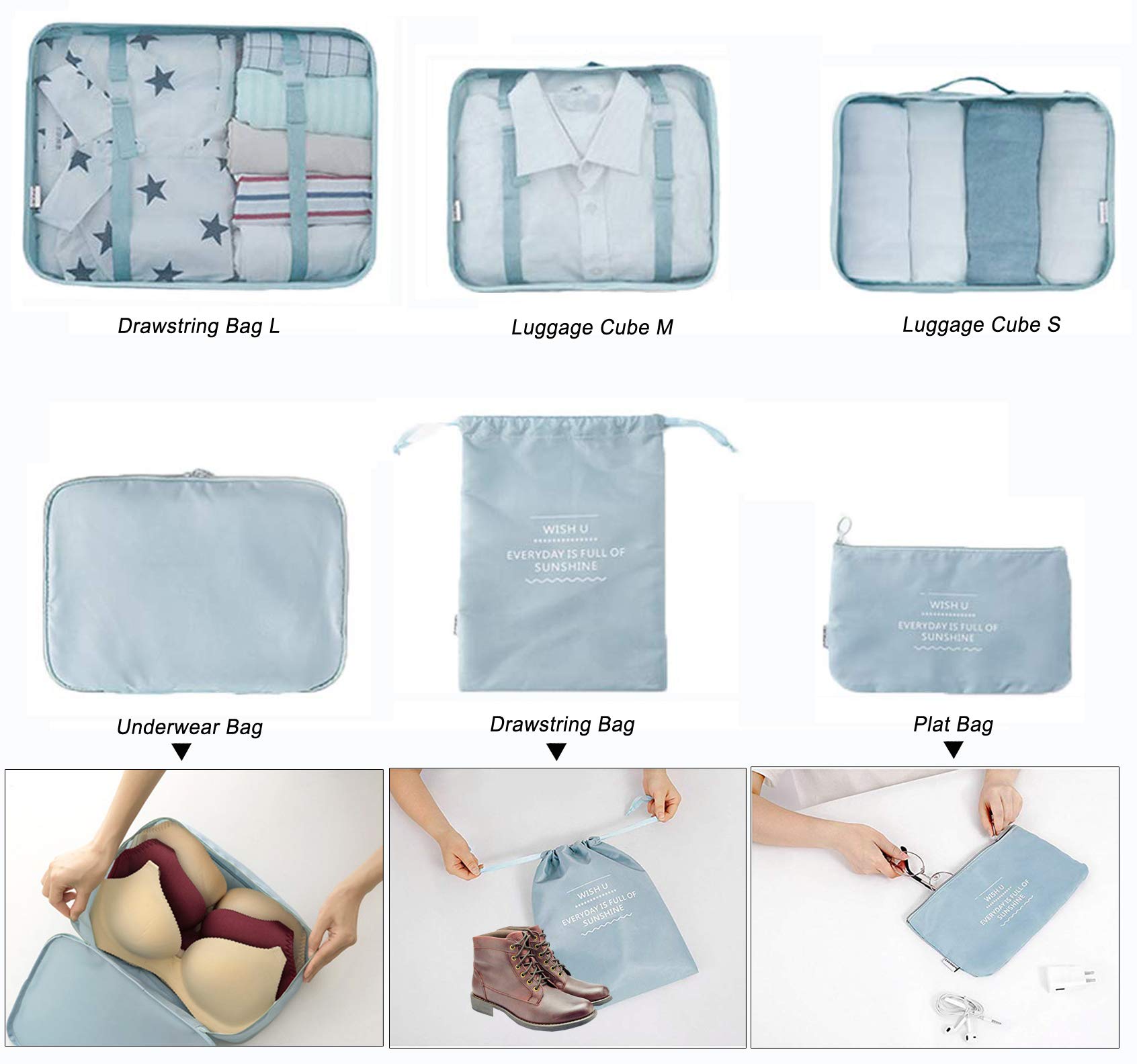 Lightweight 6 Pcs Packing Cubes System, Travel Storage Packing Organizers Laundry Bags Compression Pouches for Luggage (Upgraded Navyblue) 1