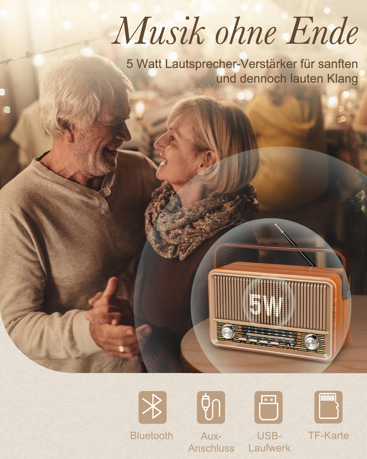 PRUNUS J-120 AM/FM/SW Retro Radio Klein, Kofferradio mit 1800mAh Akku, oder AC-Strom, Küchenradio Nostalgie Radio mit Bluetooth, Unterstützt USB/TF/AUX Funktion, Einfaches Radios für Senioren.