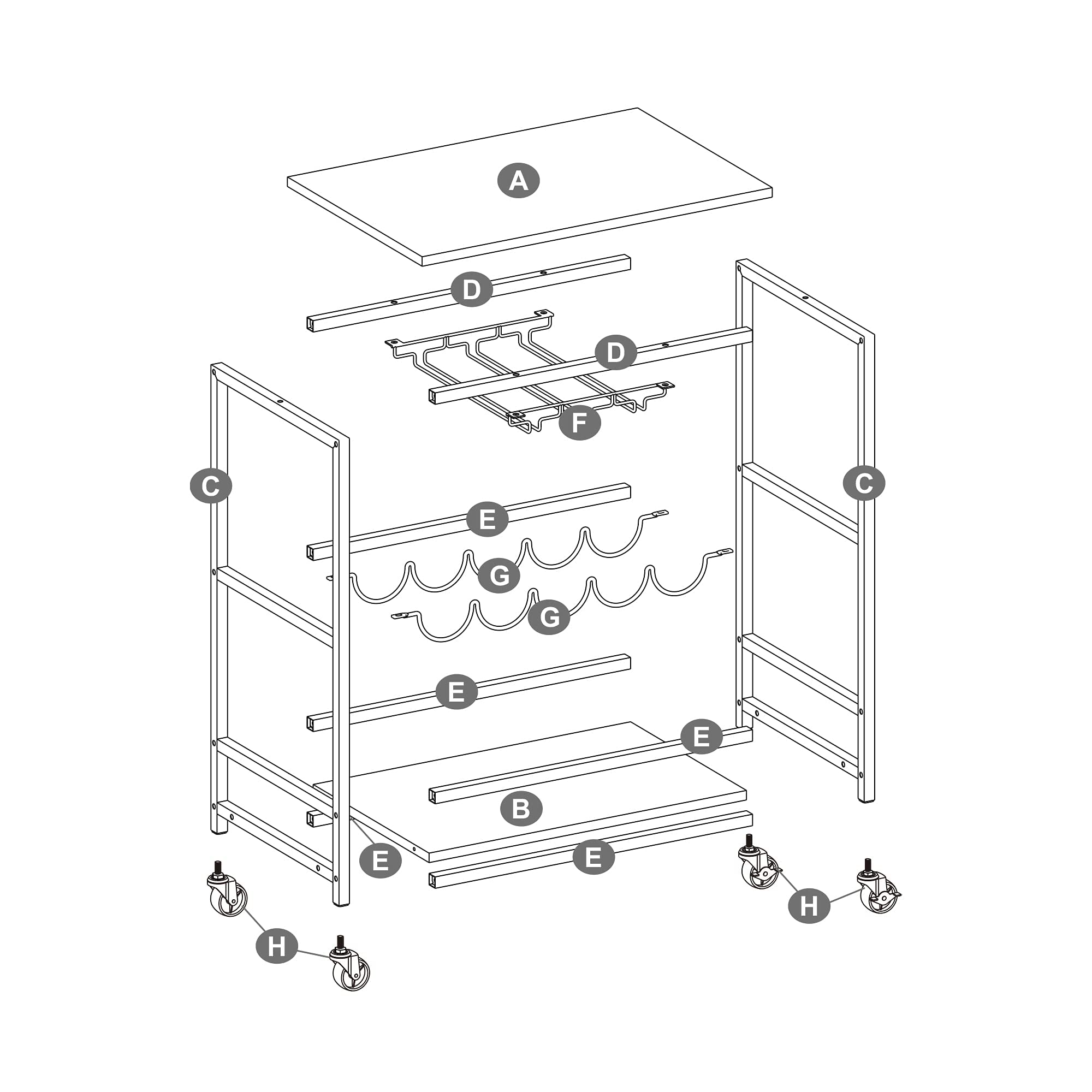 VASAGLE Carrito con Ruedas, Carrito de Cocina, Carrito de Servicio con Soportes para Vasos y Botellas, 40 x 60 x 82 cm, Estilo Industrial, Marrón Rústico y Negro LRC087B01
