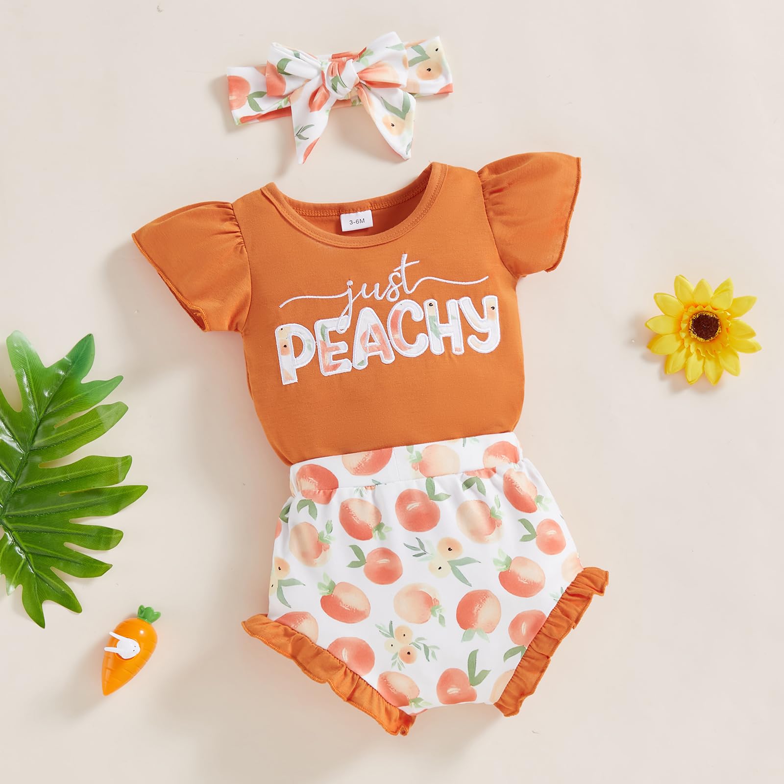 Newborn Infant Baby Girl Summer Outfit Ruffle Sleeveless Romper + Peaches Print Shorts + Headband 3Pcs Set (Orange, 3-6 Months)