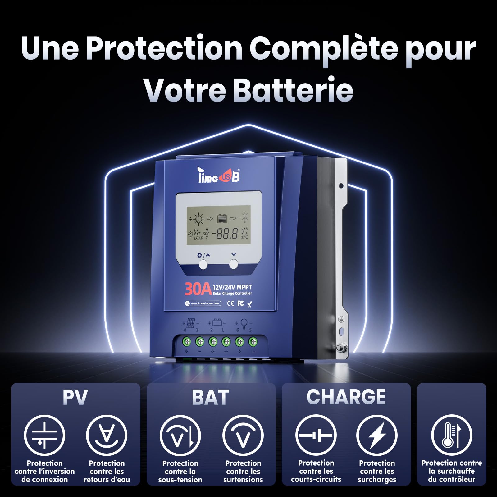Timeusb 12V/24V 30A MPPT Régulateur de Charge Solaire pour Batterie Lithium | Reconnaissance Automatique 12/24V & Efficacité de Suivi à 99%,Contrôleur avec Écran LCD pour Plomb-Acide
