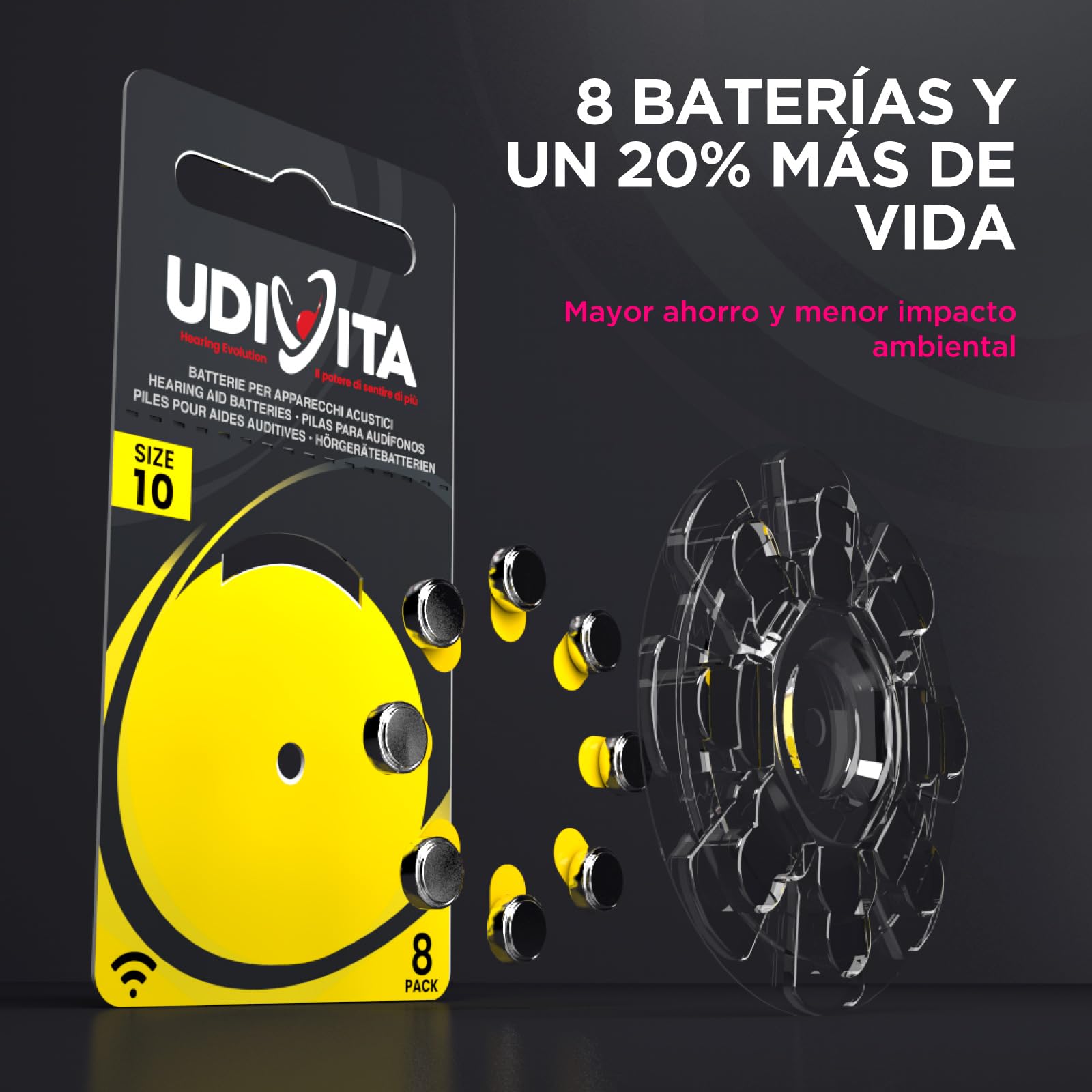 120 Pilas para Audífonos Tamaño 10 Udivita PR70 (Amarillo) Zinc-Aire Hearing Evolution - 15 Blísteres de 8 Pilas