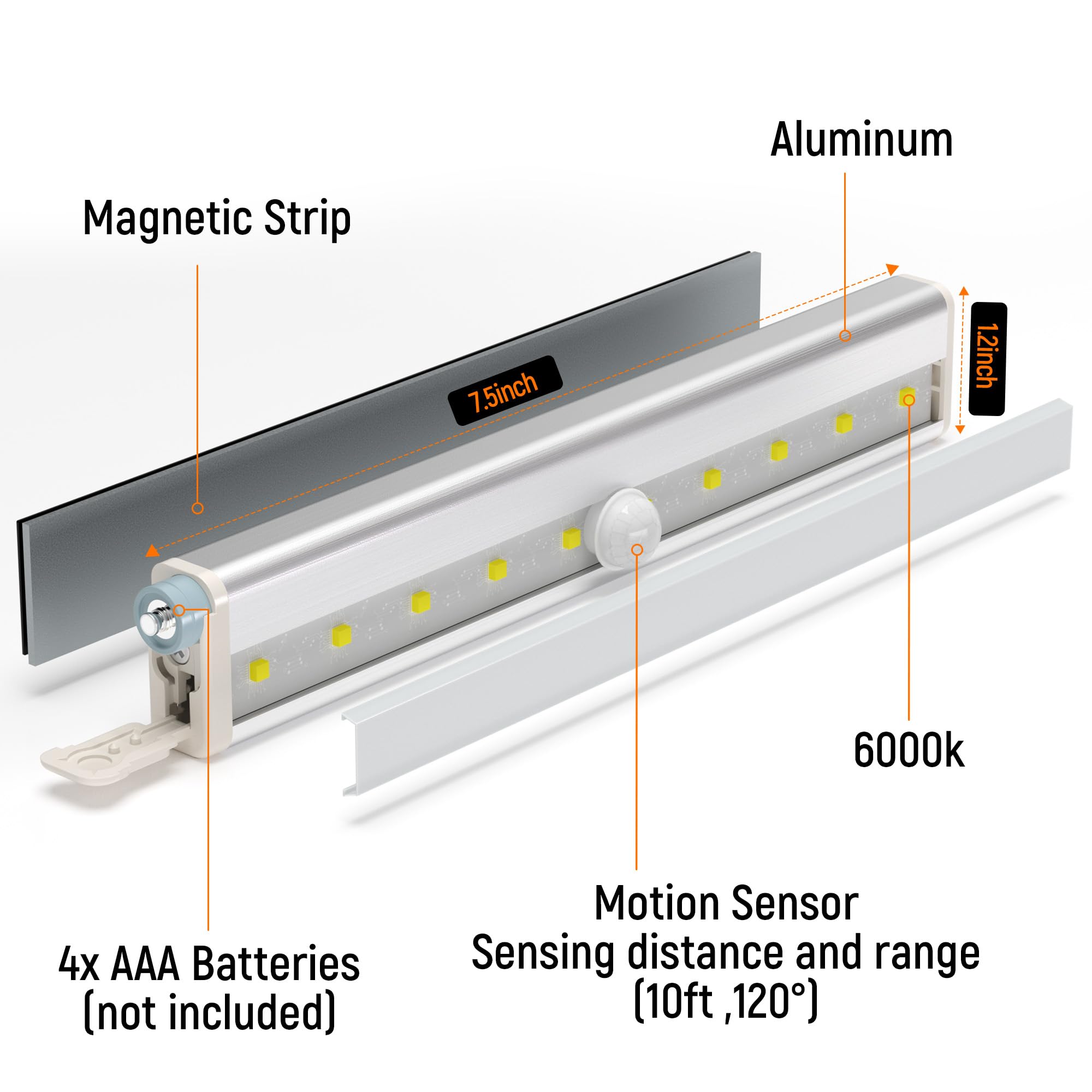 Molrebe Luces LED con sensor de movimiento, paquete de 6 unidades, funciona con pilas, 10 luces LED de movimiento para armario, barra de luz nocturna magnética para armario, debajo del armario, cocina
