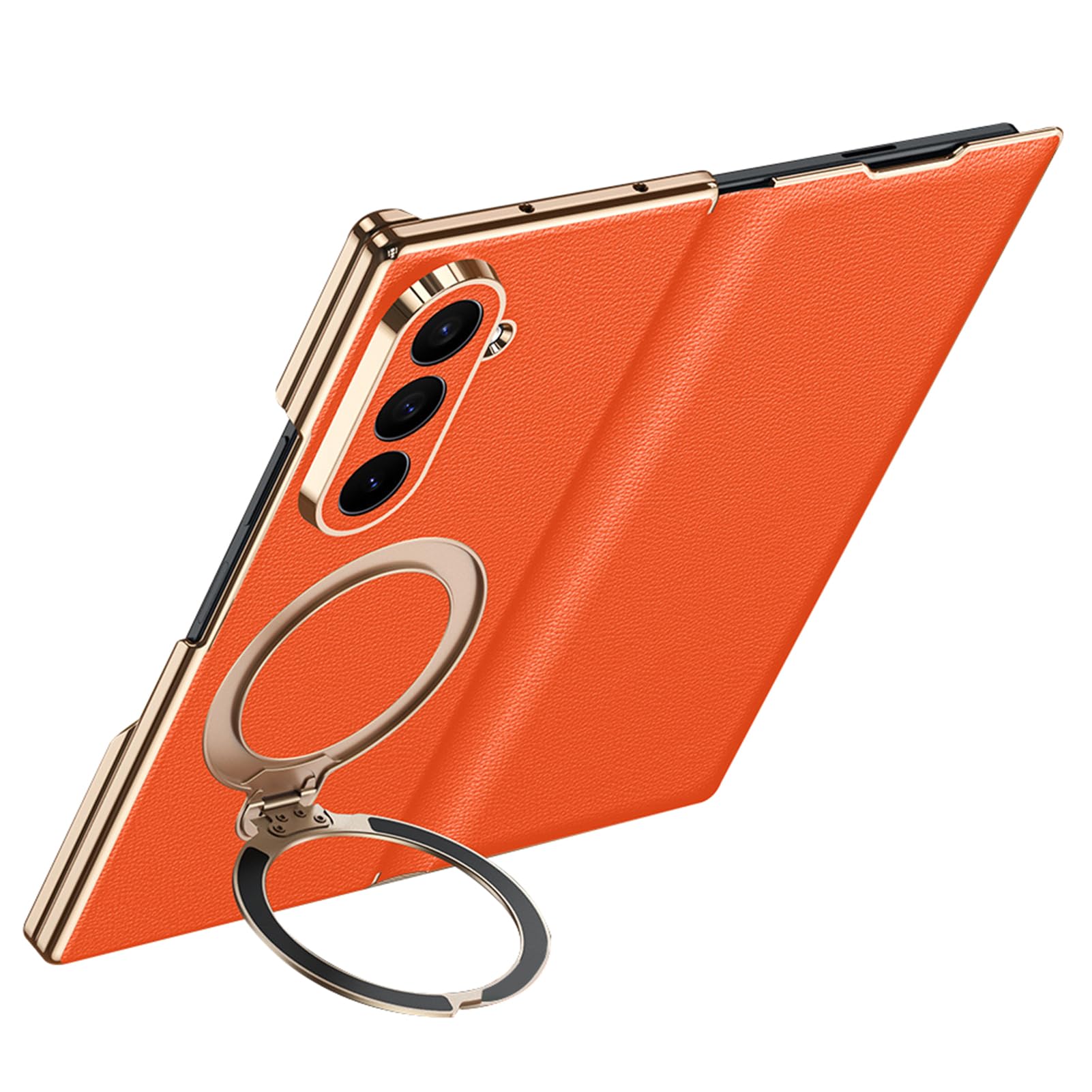 Etui z prawdziwej skóry do Samsung Galaxy Z Fold 8 Ultra, regulowany stojak pokrowiec z klapką folio pełna ochrona obiektywu złota krawędź lekki luksusowy pierścień z klapką (pomarańczowy)