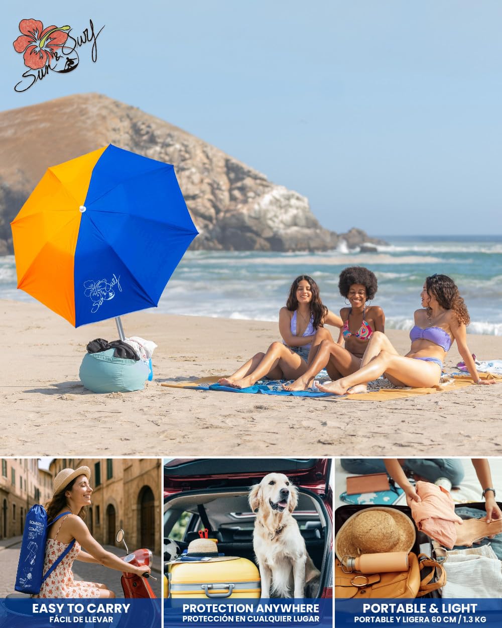 SUN & SURF Ombrellone compatto 180 cm pieghevole UPF 50+ UV manico arrotolabile 60 cm sacchetto incluso. Super resistente, multicolore.