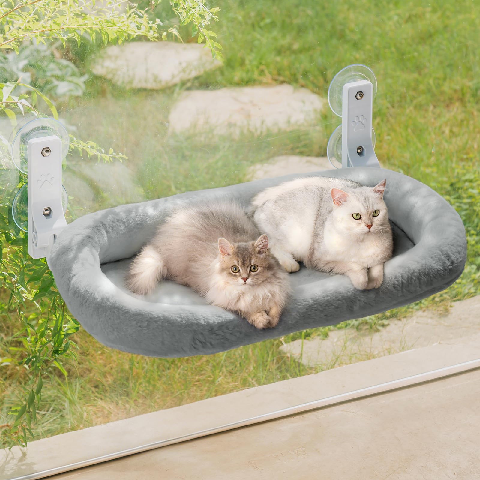 MEWOOFUN Großes Katzen Hängematte Fenster mit Abnehmbarem Dickem Bezug - Faltbare Hängematte Katze Fenster Stabil für Katzen, Katzen Hängematte mit 4 starken Saugnäpfen hält 18kg (Hellgrau, L)