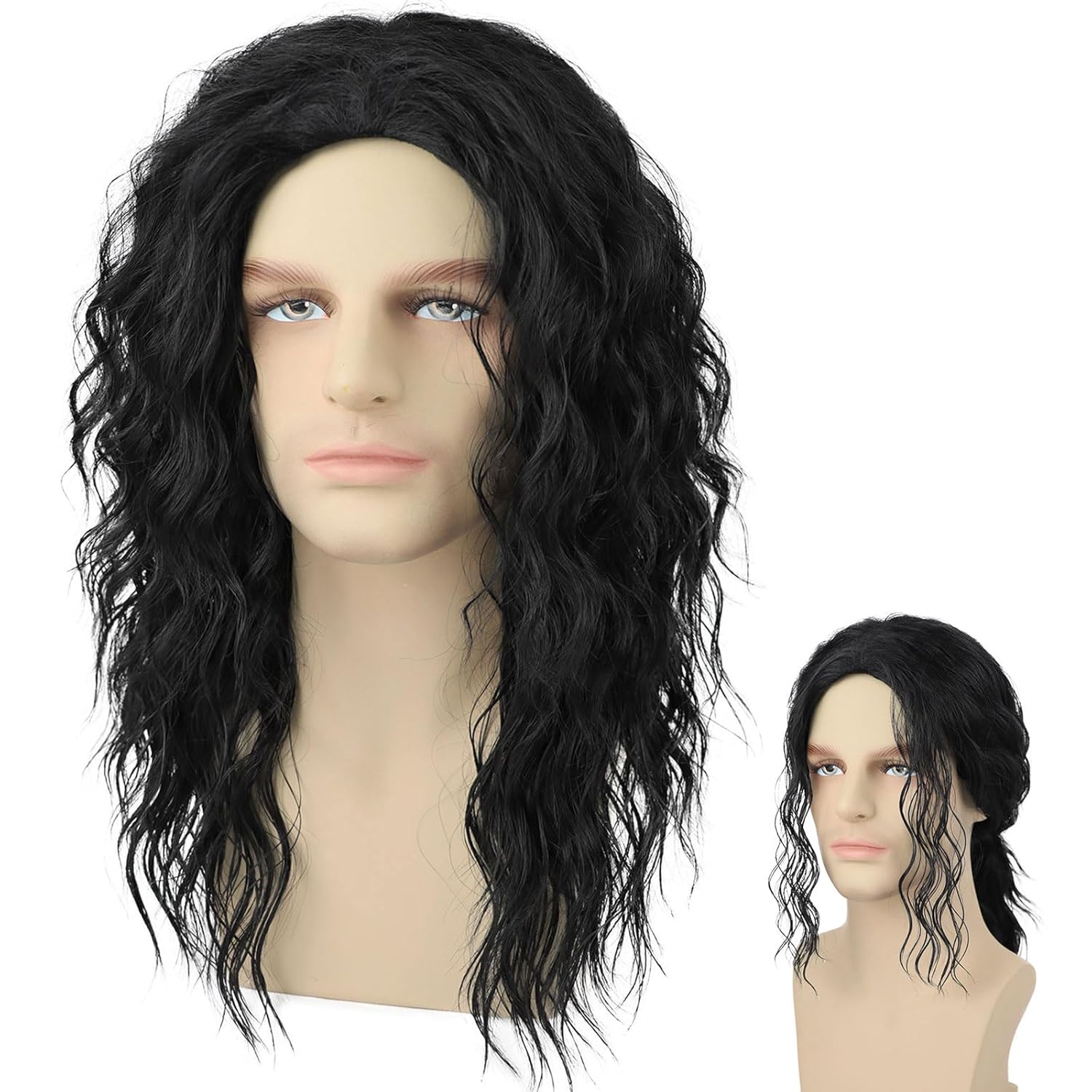 Long Black Curly Wig for Men Women 70s 80s Rock Retro Middle Part Wig for Cosplay Costume Halloween Party Daily Use