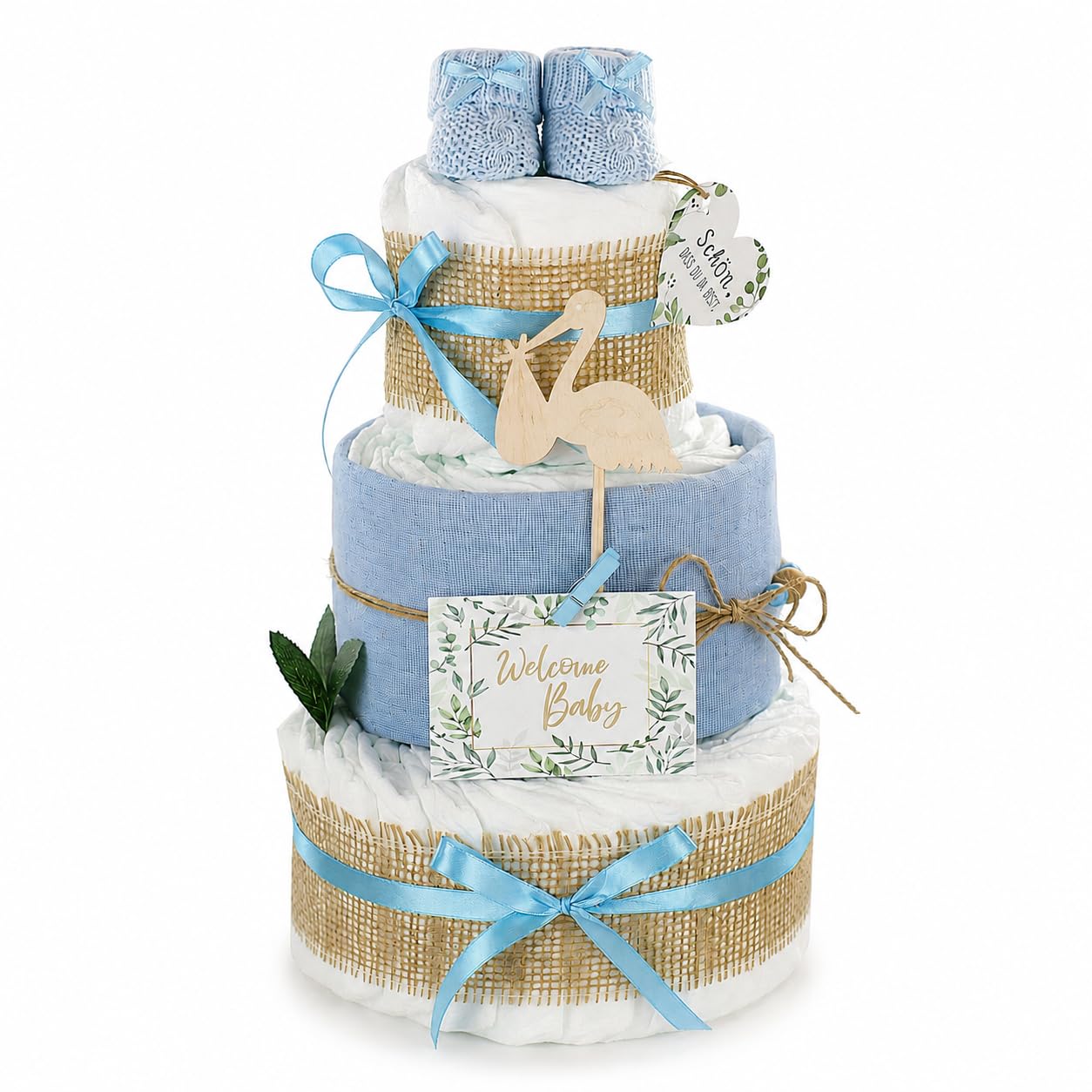 Premium Windeltorte Storch mit Bündel | inkl. Babybooties und Mullwindel | 3-stöckig (blau)