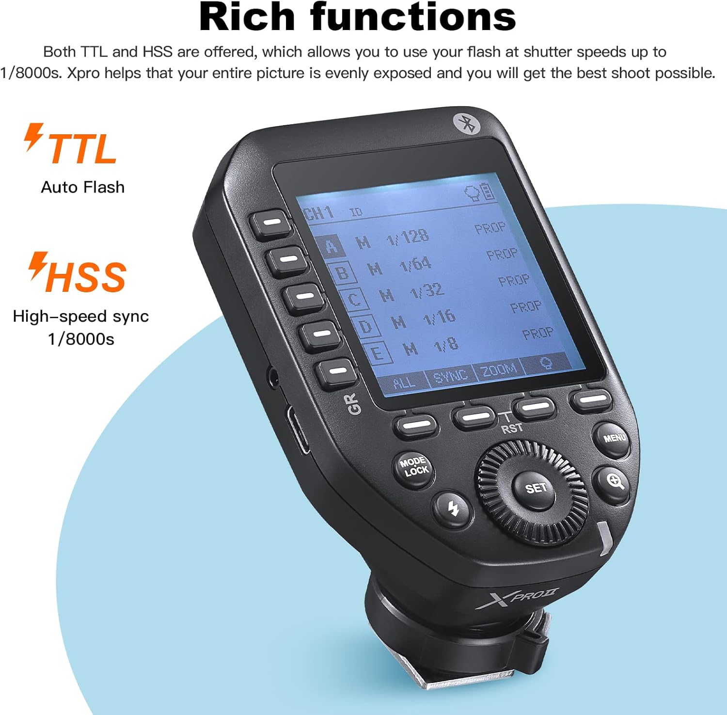 Godox XProII-C displaying TTL and HSS functions
